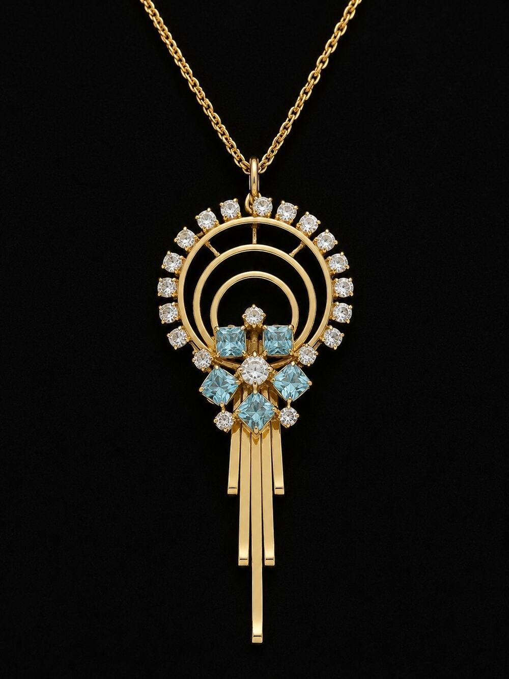 Vintage Mid-Century M&S Signed 12K Gold Filled Aqua Blue & Clear Rhinestone